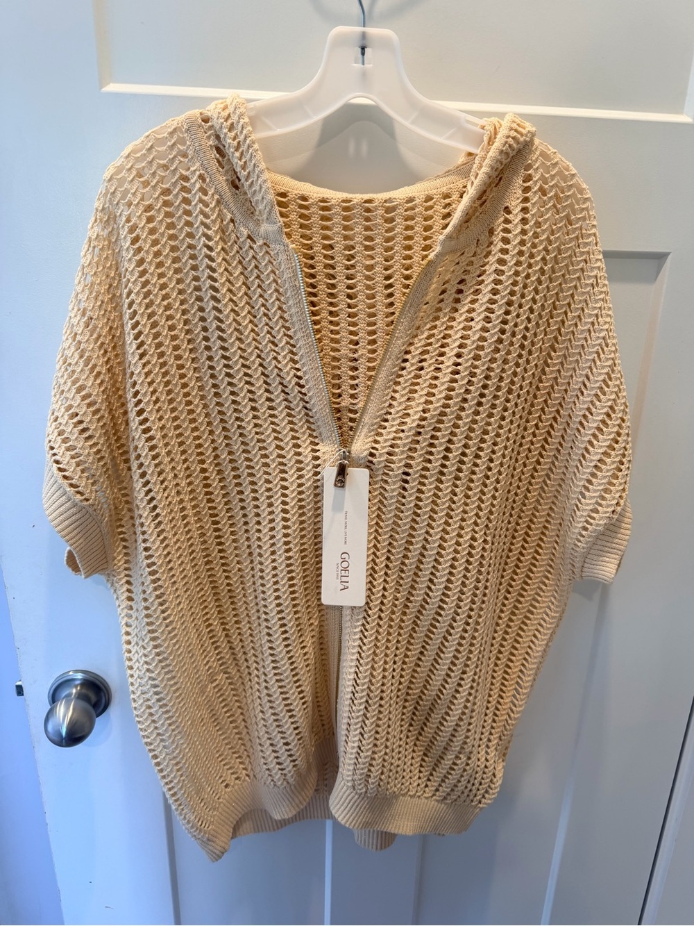 GOELIA NWT Open Knit Hooded Zip Cardigan Beige Cotton Sweater Size M